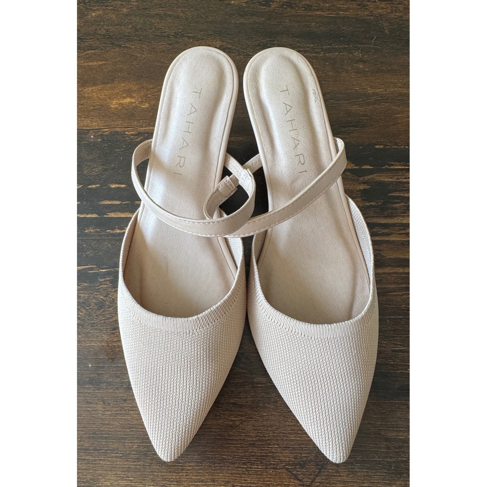 Tahari Fuji Beige Knit Pointed Toe Kitten Heel Mules Mary Jane Strap Size 9